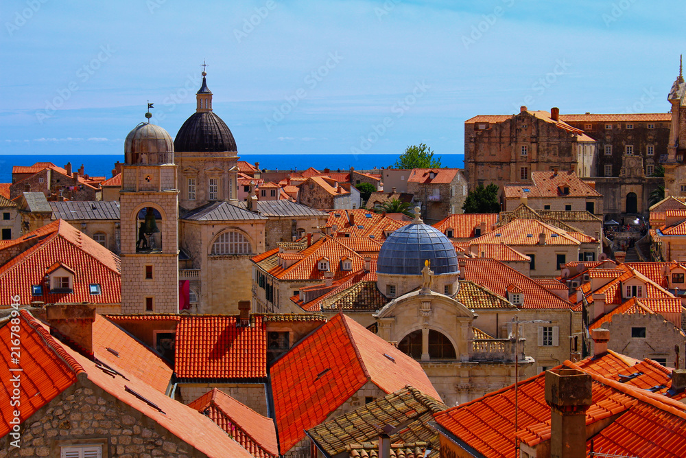 A view towards the old town of Dubrovnik and the Mediterranean sea from the city walls, Dubrovnik, Croatia