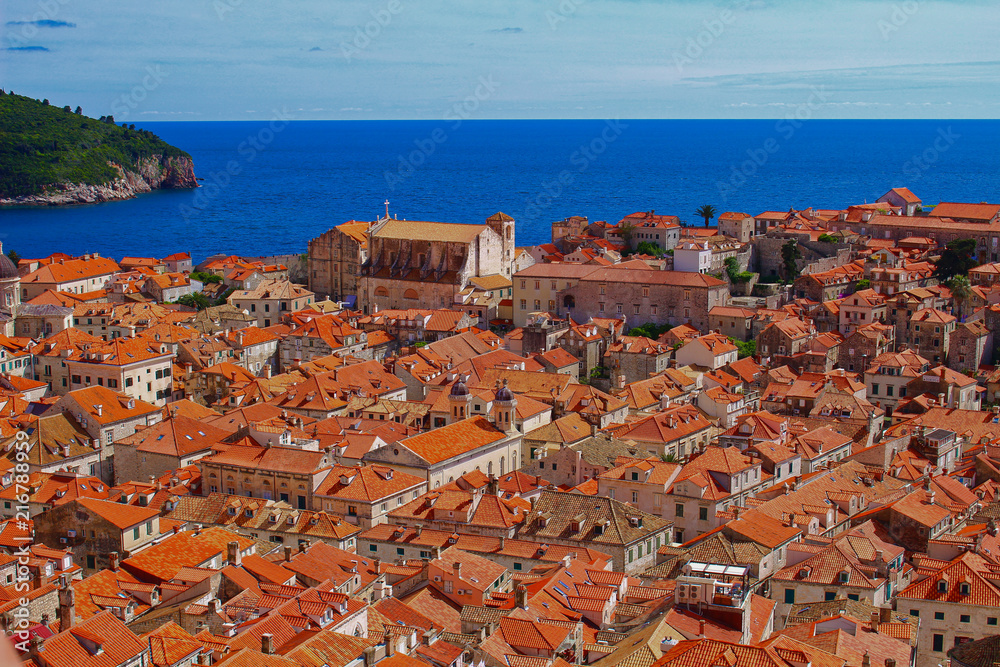A view of the old town of Dubrovnik and the Mediterranean sea from the city walls, Dubrovnik, Croatia