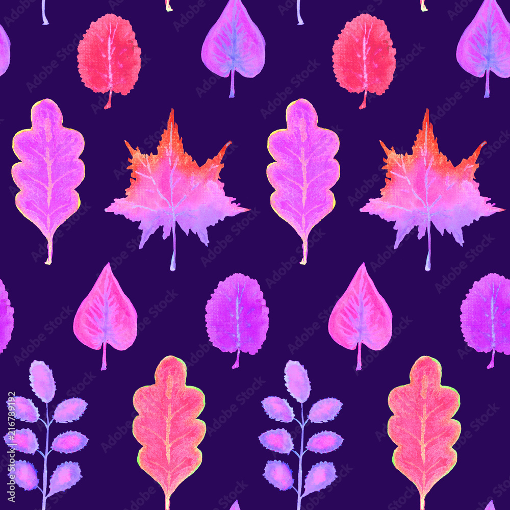Obraz premium Colorful autumn leaves variety (different shapes), hand painted watercolor illustration in soft purple pink palette, seamless pattern on dark blue background