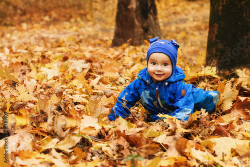 Happy toddler crawling in yellow fallen leaves outdoor. Portrait of a smiling child in blue jumpsuit on the walk in the park. Autumn kid outdoor activities concept