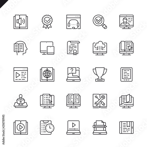 Thin line e-learning, online education elements icons set for website and mobile site and apps. Outline icons design. 48x48 Pixel Perfect. Linear pictogram pack. Vector illustration.