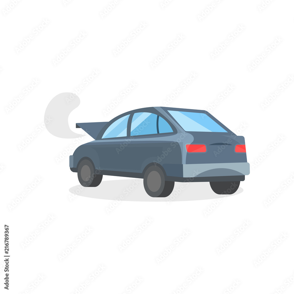 Fototapeta premium Broken motor car with open hood. Automobile with faulty engine. Flat vector for advertising poster or flyer of auto service