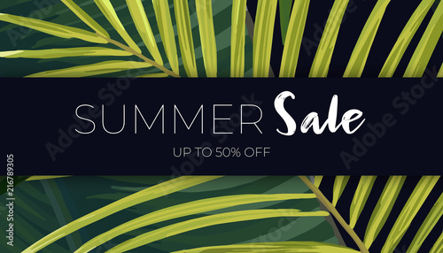 Summer vector floral sale banner. Dark tropical template design with banana and sabal palm leaves.