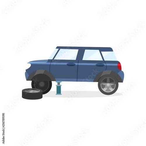 Blue car standing on jack without one wheel, changing tire. Passenger vehicle. Flat vector for promo poster of automobile repair workshop