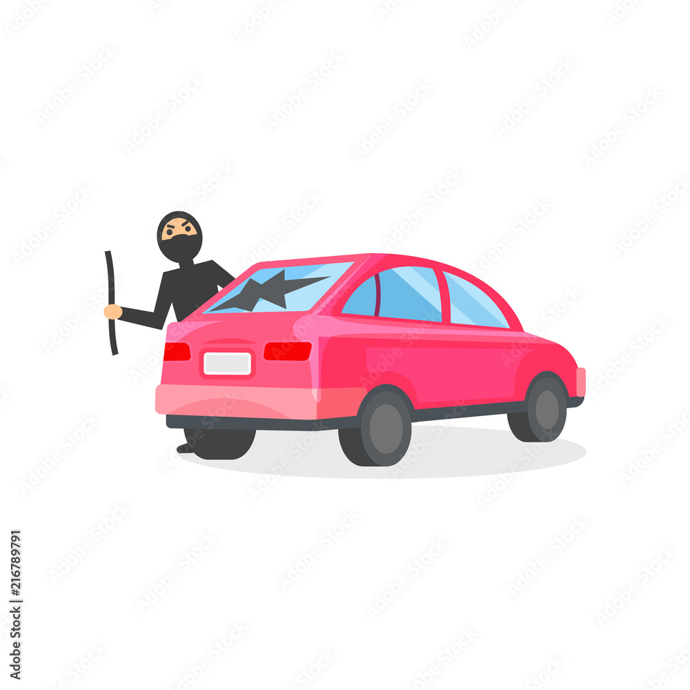 Man in black mask broke window in pink automobile. Car thief. Robber with  crowbar in hand. Criminal behavior. Flat vector icon Stock Vector | Adobe  Stock