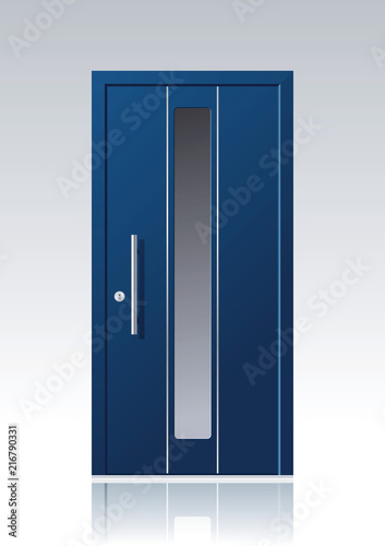 Moderne blaue Vektor Haustür mit Glasauschnitt und Edelstahlapplikationen