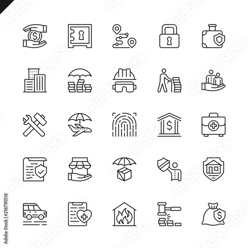 Thin line insurance elements icons set for website and mobile site and apps. Outline icons design. 48x48 Pixel Perfect. Linear pictogram pack. Vector illustration.