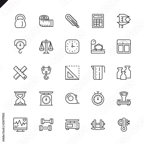 Thin line measuring, measure elements icons set for website and mobile site and apps. Outline icons design. 48x48 Pixel Perfect. Linear pictogram pack. Vector illustration.