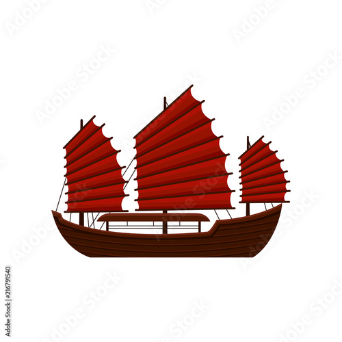 Traditional Chinese junk boat with red sails. Old wooden sailing ship. Asian marine vessel. Symbol of Hong Kong. Flat vector icon
