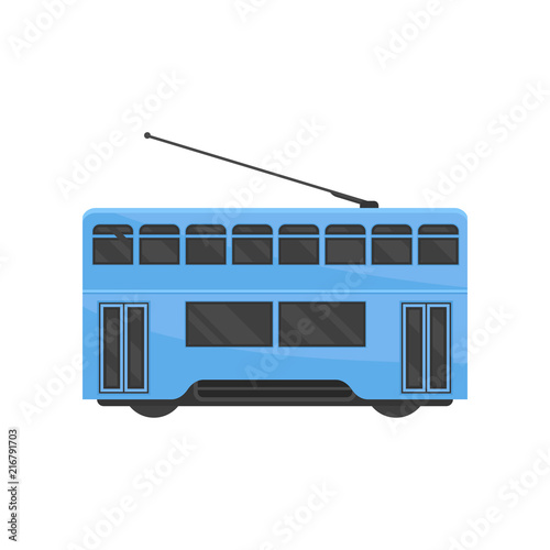 Flat vector icon of blue Hong Kong tramway. Public Chinese transport. Urban tram-train. Modern rail vehicle