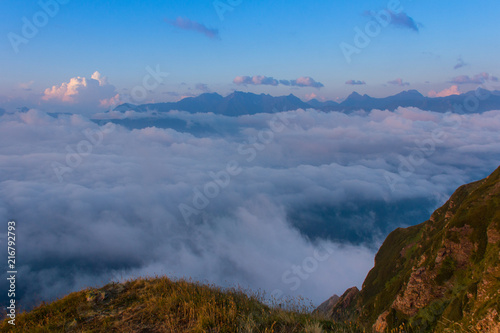 At the top of the mountain at sunset high in the mountains of Sochi  Russia  08 22 2017  