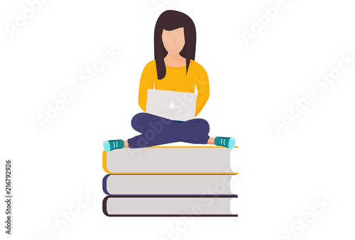 Vector illustration for book reading or online library promotion: Girl with notebook sitting on books.