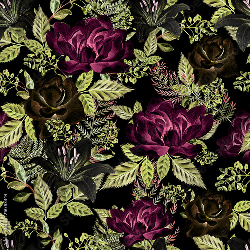 A bright watercolor pattern with flowers of a rose, lily and a peony. With le...