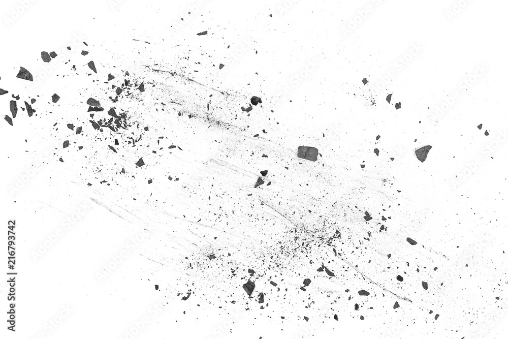 Black powder explosion, charcoal dust texture isolated on white background Black powder explosion, charcoal dust texture isolated on white background