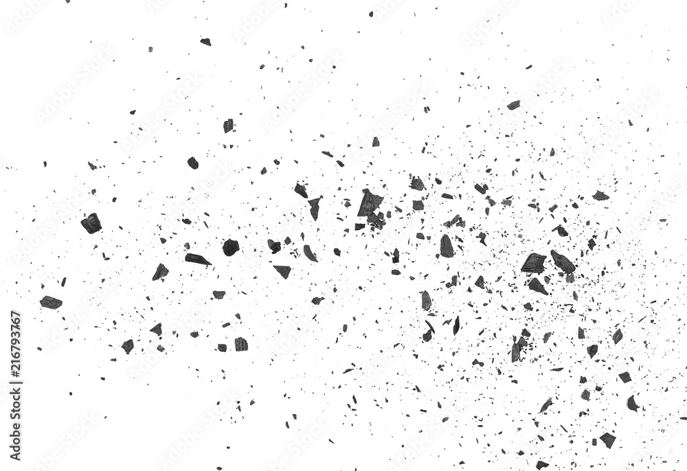 Black powder explosion, charcoal dust texture isolated on white background Black powder explosion, charcoal dust texture isolated on white background