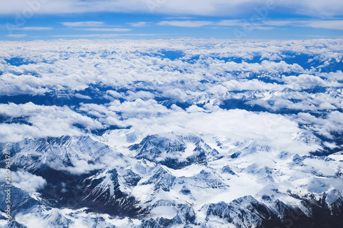 Himalaya mountains landscape from above, view from airplane flying in high altitude, Leh Ladakh India.