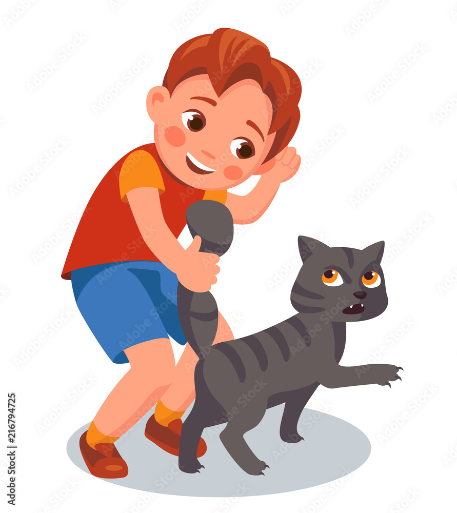 boy pulls cat's tail. animal abuse. cartoon vector illustration Stock  Vector | Adobe Stock