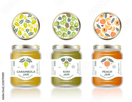 Three jars with labels fruit jam. Three jars mockup. Carambola or star fruit, kiwi, peach jam packaging. Premium design. The flat original illustrations on the minimalist labels and pattern on caps.