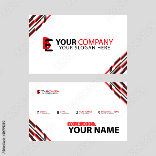 Horizontal name card with BE logo Letter and simple red black and triangular decoration on the edge.