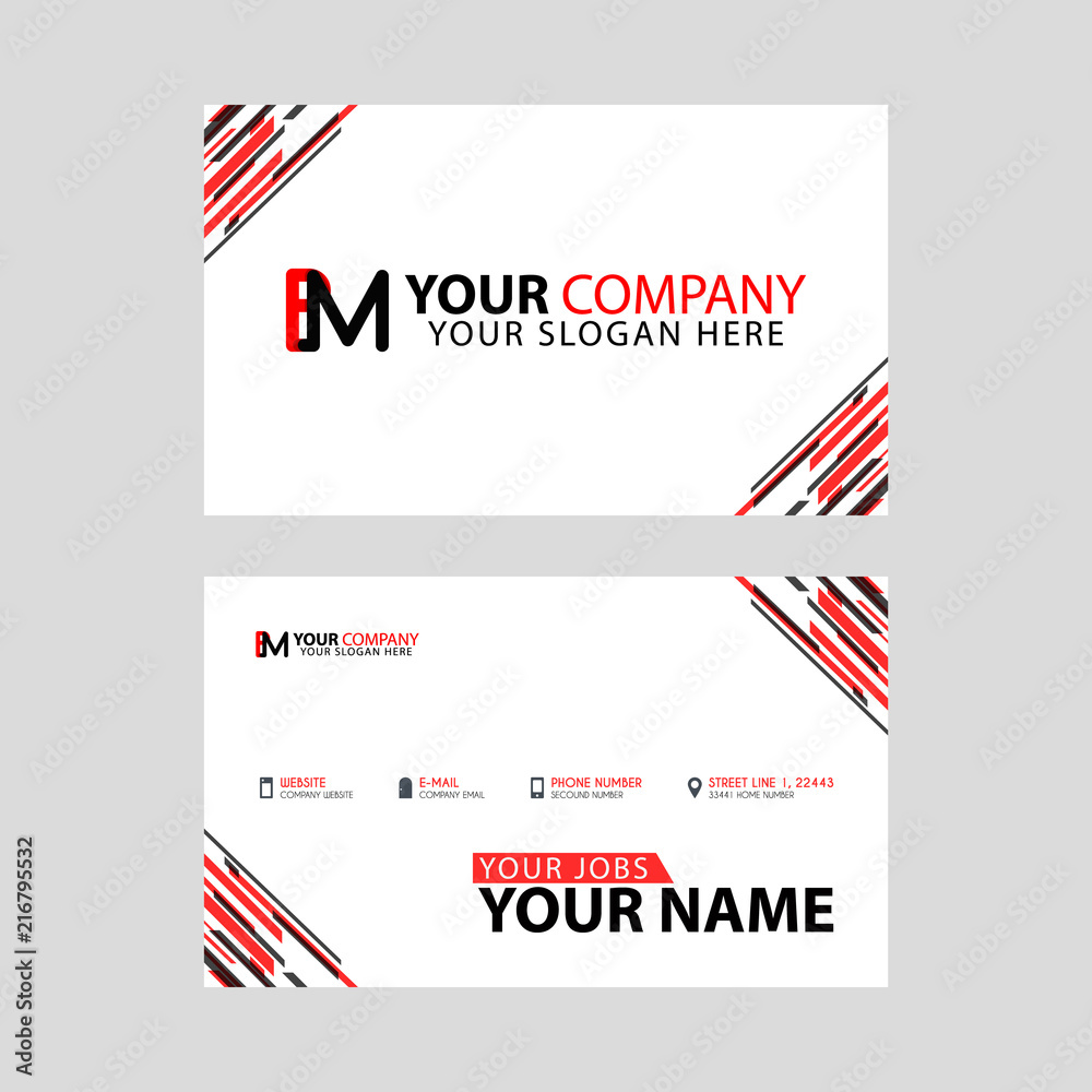 Horizontal name card with BM logo Letter and simple red black and triangular decoration on the edge.