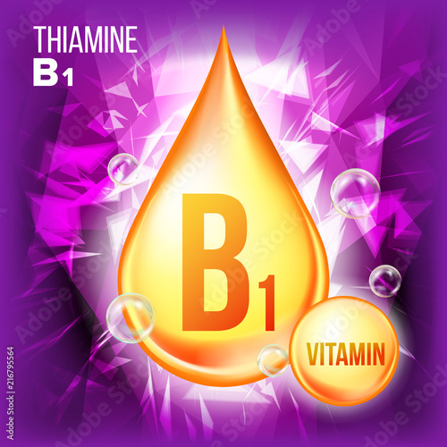 Vitamin B1 Thiamine Vector. Vitamin Gold Oil Drop Icon. Organic Gold Droplet Icon. For Beauty, Cosmetic, Heath Promo Ads Design. Drip 3D Complex With Chemical Formula. Illustration