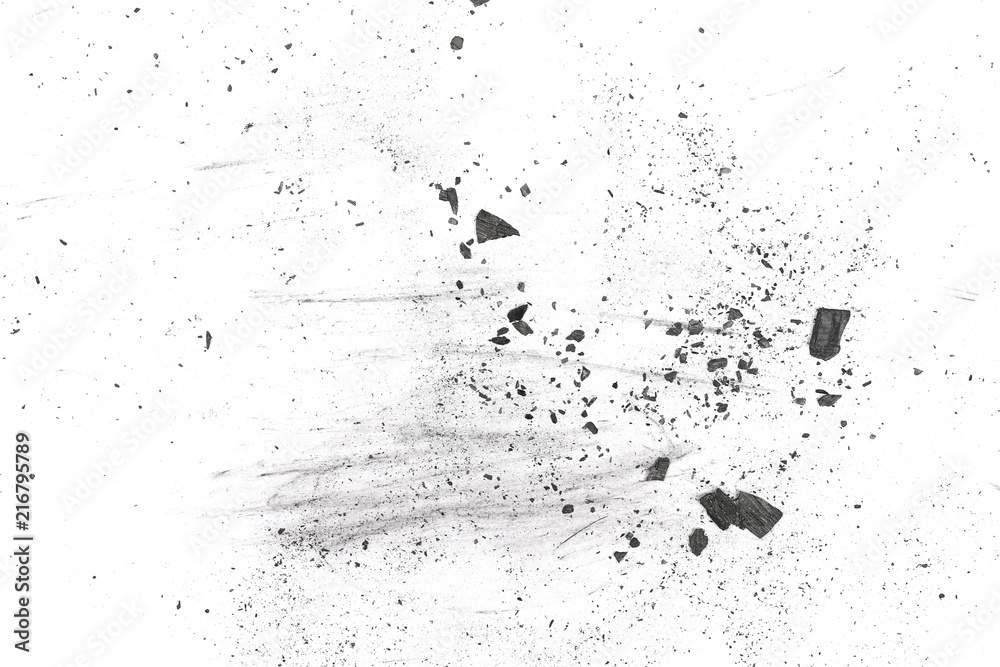 Black powder explosion, charcoal dust texture isolated on white