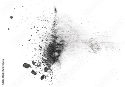 Black powder explosion, charcoal dust texture isolated on white background