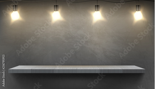 Vector realistic background with empty wooden shelf illuminated by electric bulbs, hanging on textured wall. Showroom with platform for exhibits, mockup with bookshelf and lights