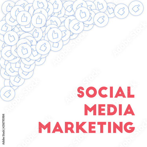 Social media icons. Social media marketing concept. Falling scattered thumbs up. Top left corner ele
