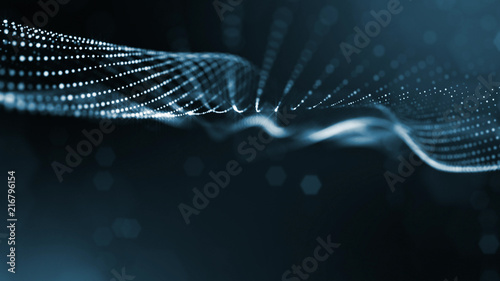 blue particles form line and surface grid. microcosm or space. 3d rendering science fiction background of glowing particles with depth of field and bokeh. Curved lines 9