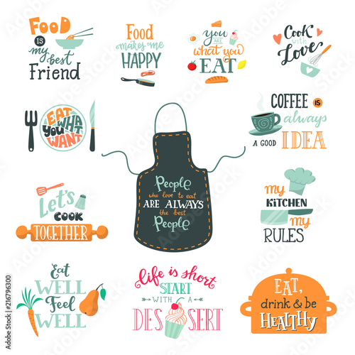 Cook sign vector cooking or coffee lettering and cookery or baking typography template to print illustration set of text with kitchenware isolated on white background