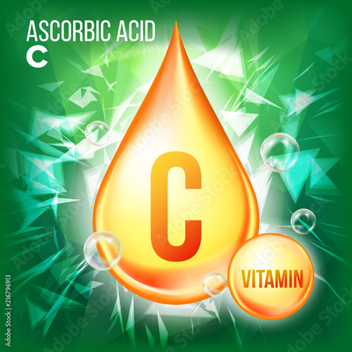 Vitamin C Ascorbic Acid Vector. Organic Vitamin Gold Drop Icon. Medicine Liquid, Golden Substance. For Beauty, Cosmetic, Heath Promo Ads Design. Drip Complex With Chemical Formula. Illustration