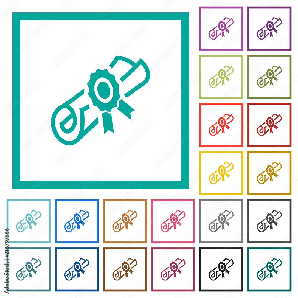 Diploma scroll with seal flat color icons with quadrant frames Diploma scroll with seal flat color icons with quadrant frames