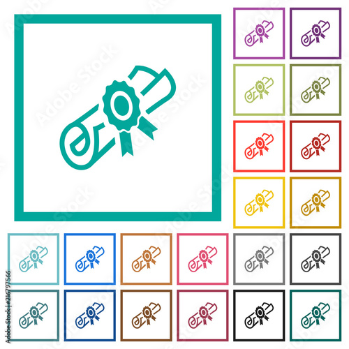 Diploma scroll with seal flat color icons with quadrant frames