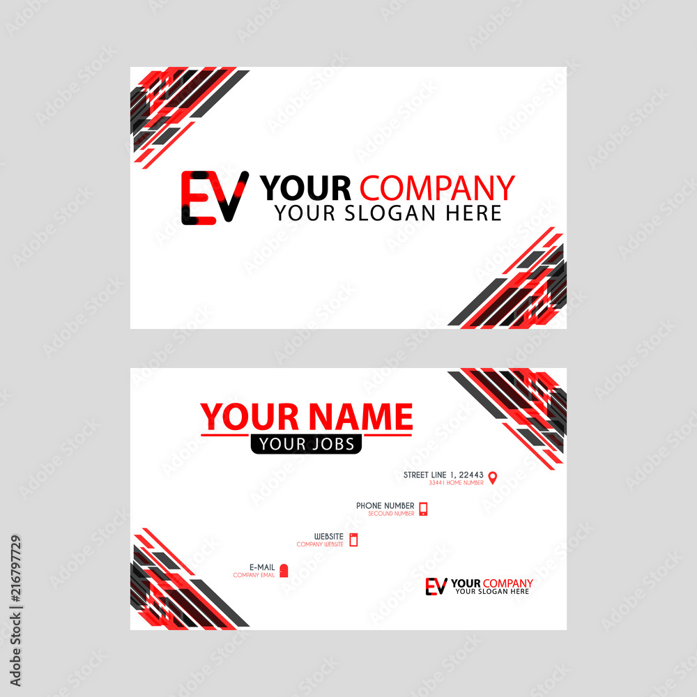 Letter EV logo in black which is included in a name card or simple business card with a horizontal template.