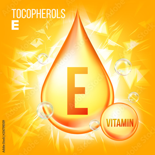 Vitamin E Tocopherols Vector. Vitamin Gold Oil Drop Icon. Organic Gold Droplet Icon. Medicine Liquid. For Beauty, Cosmetic, Heath Promo Ads Design. Drip Complex. Illustration