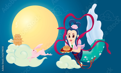 Chinese Mid Autumn Festival design with the goddess Chang Er and rabbits.