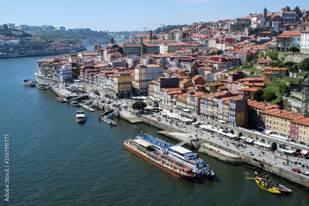 View of Ribeira neighborhood and Douro river from Dom Luis I bridge.