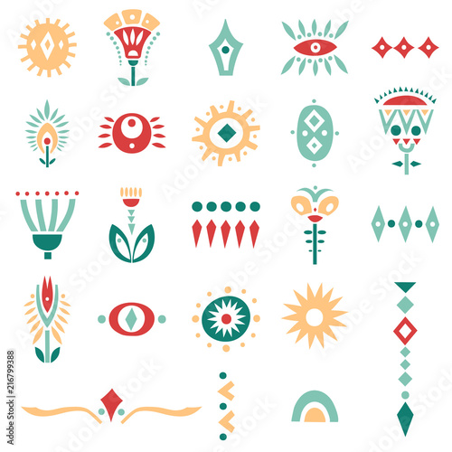 Vector set of hand drawn colorful cut out flowers and symbols. For posters, patterns, lettering.