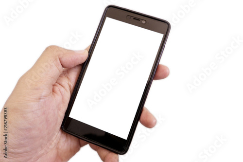 Smartphone blank screen on hand isolated on white