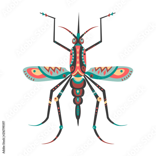 Vector illustration of mosquito decorated with ethnic patterns.