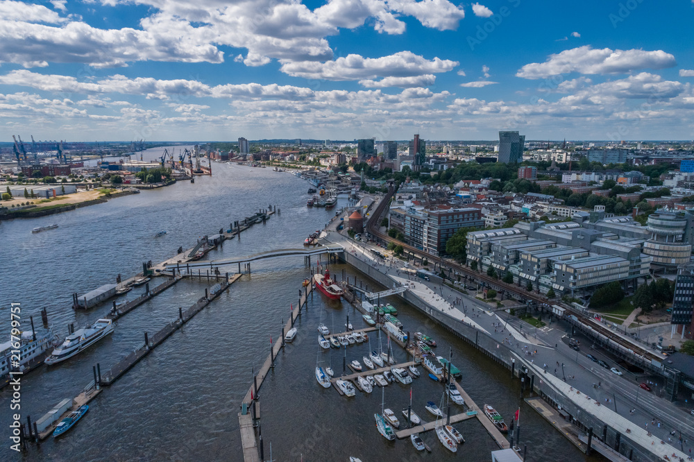 Aerial View of HafenCity in Hamburg at sunset. Port of Hamburg. 