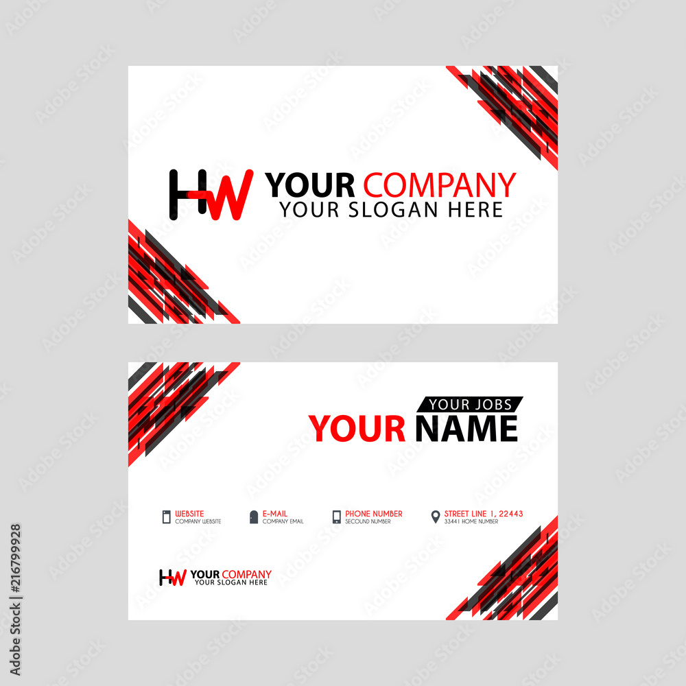 Logo HW design with a black and red business card with horizontal and modern design.