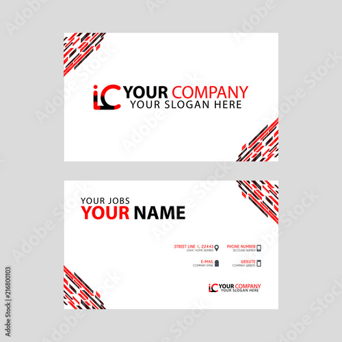 Horizontal name card with decorative accents on the edge and bonus IC logo in black and red.
