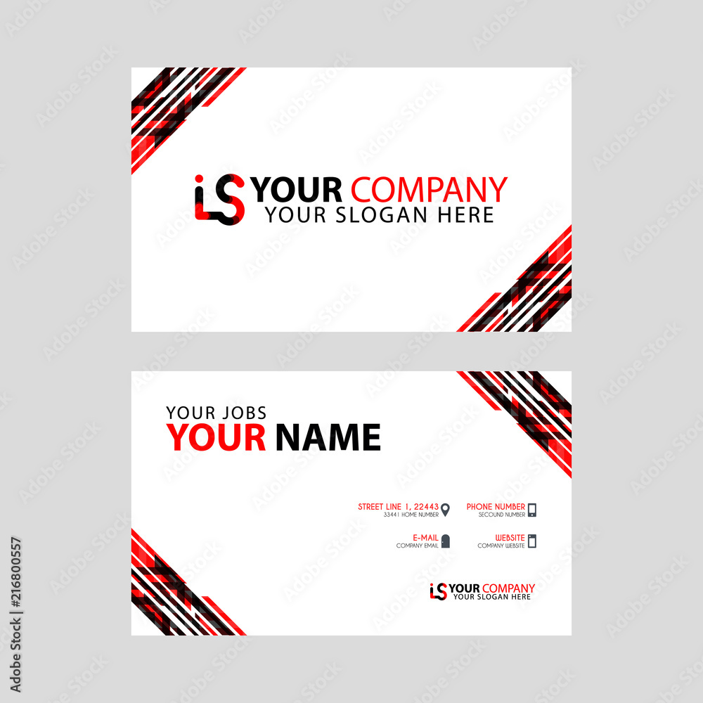 Horizontal name card with decorative accents on the edge and bonus IS logo in black and red.