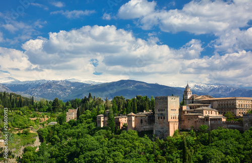 A panoramic view of the Alhambra, a medieval palace and fortress complex in Granada, Andalusia, Spain, from Mirador de San Nicolas. Left to right: Generalife, Palacios Nazaries, Palace of Charles V