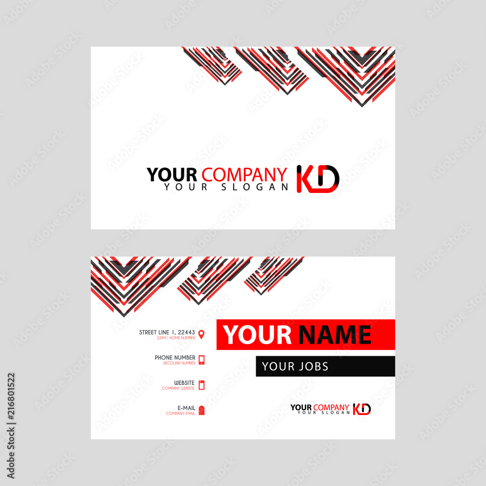 The new simple business card is red black with the KD logo Letter bonus and horizontal modern clean template vector design.