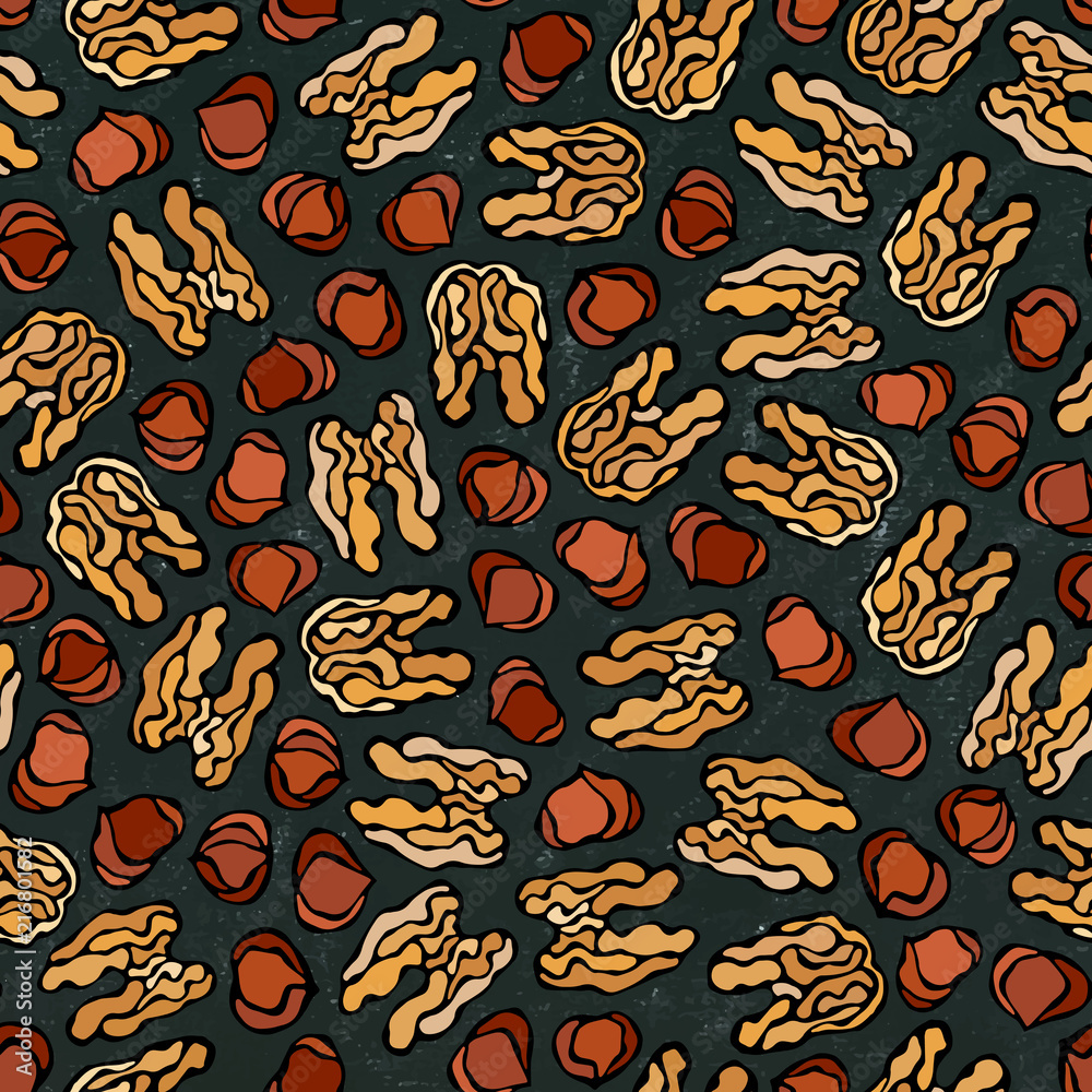 Black Board. Hazelnut and Walnut Seamless Endless Pattern. Whole Peeled Hazelnut. Autumn or Fall Harvest Collection. Realistic Hand Drawn High Quality Vector Illustration. Doodle Style. Black Board. Hazelnut and Walnut Seamless Endless Pattern. Whole Peeled Hazelnut. Autumn or Fall Harvest Collection. Realistic Hand Drawn High Quality Vector Illustration. Doodle Style.