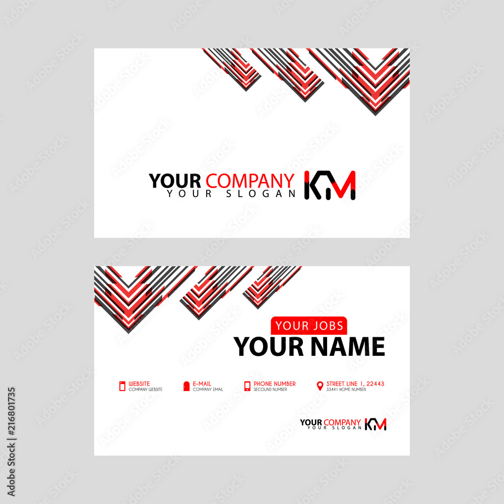 The new simple business card is red black with the KM logo Letter bonus and horizontal modern clean template vector design.