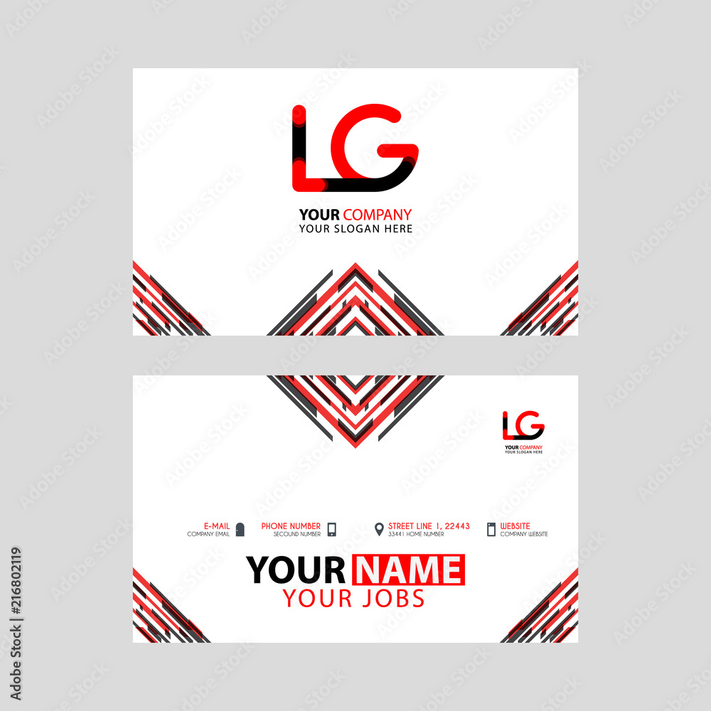 Horizontal name card with LG logo Letter and simple red black and triangular decoration on the edge.